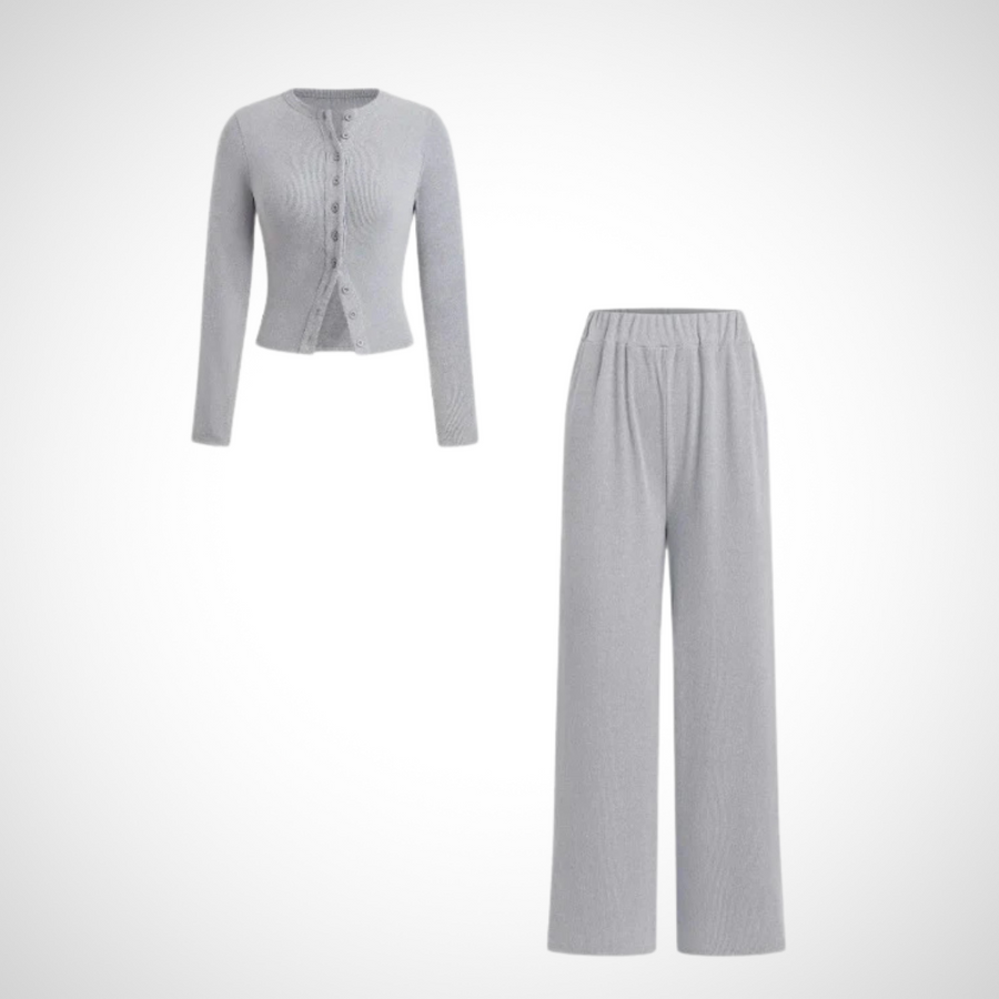 COLY™ - Comfy Button Front Long Sleeve Top and Pants Set