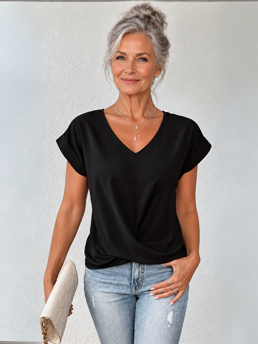 Anna | Women's Satin V-Neck Twist-Front Short Sleeve Top