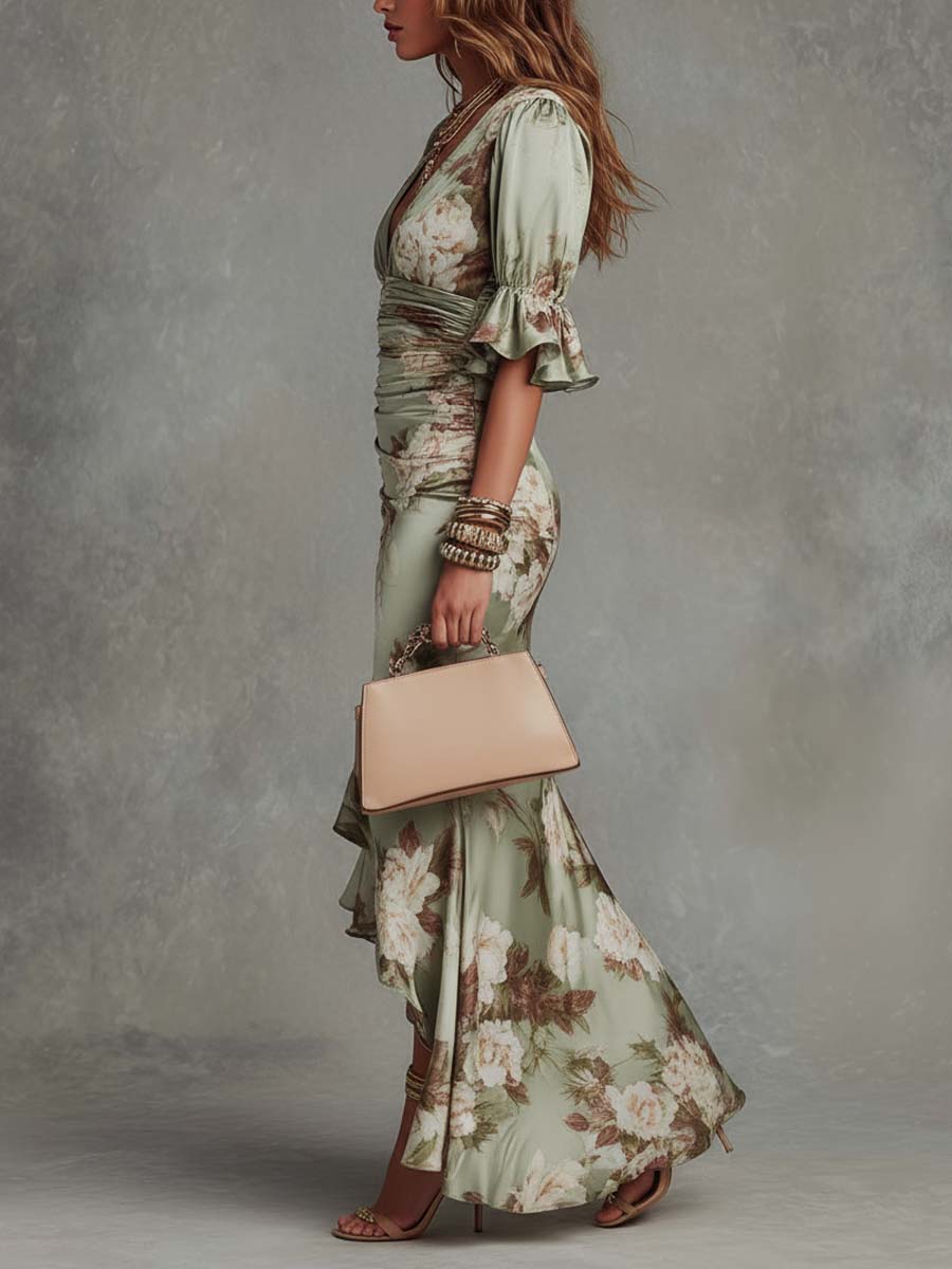 Osyra - Silky V-Neck Floral Dress