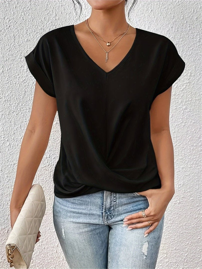 Anna | Women's Satin V-Neck Twist-Front Short Sleeve Top
