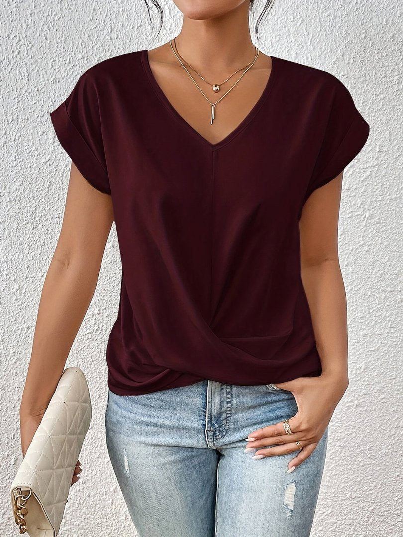Anna | Women's Satin V-Neck Twist-Front Short Sleeve Top