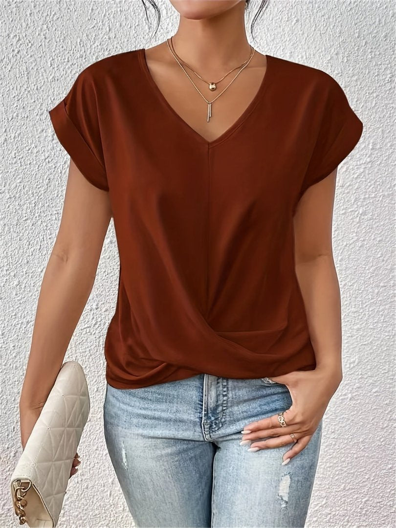 Anna | Women's Satin V-Neck Twist-Front Short Sleeve Top
