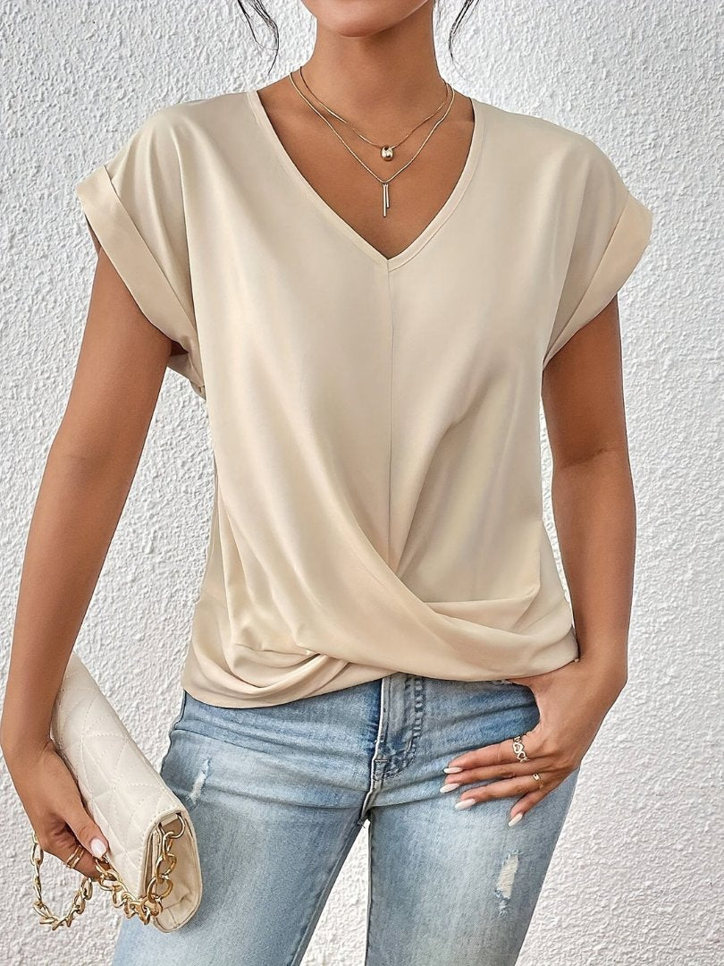 Anna | Women's Satin V-Neck Twist-Front Short Sleeve Top
