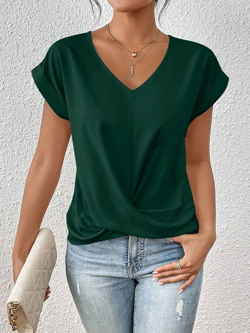 Anna | Women's Satin V-Neck Twist-Front Short Sleeve Top
